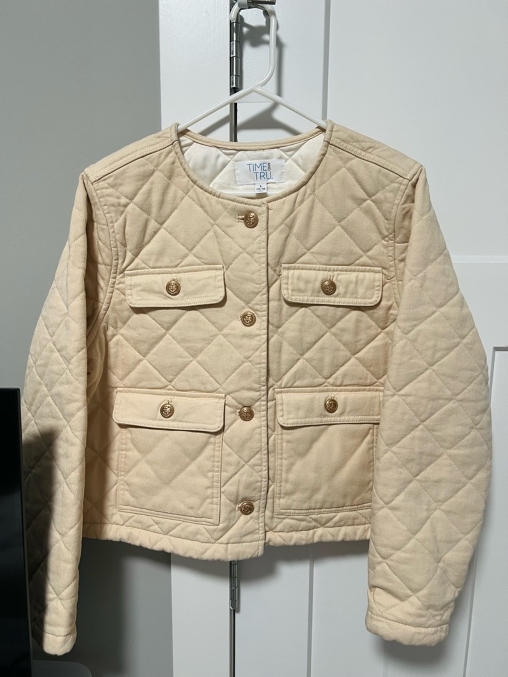 Time and Tru Cream Quilted Cotton Jacket Gold Crest Buttons Size XL